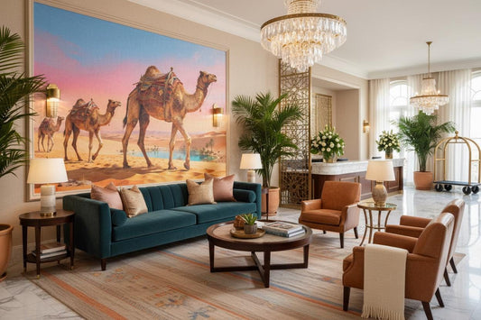 Desert Oasis Pink Blue Wallpaper – lifestyle view, Golden Era Walls