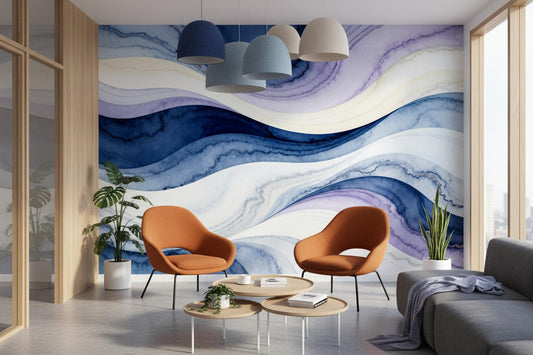 Blue Purple Watercolor Wave Geometric Wallpaper – detail view, Golden Era Walls