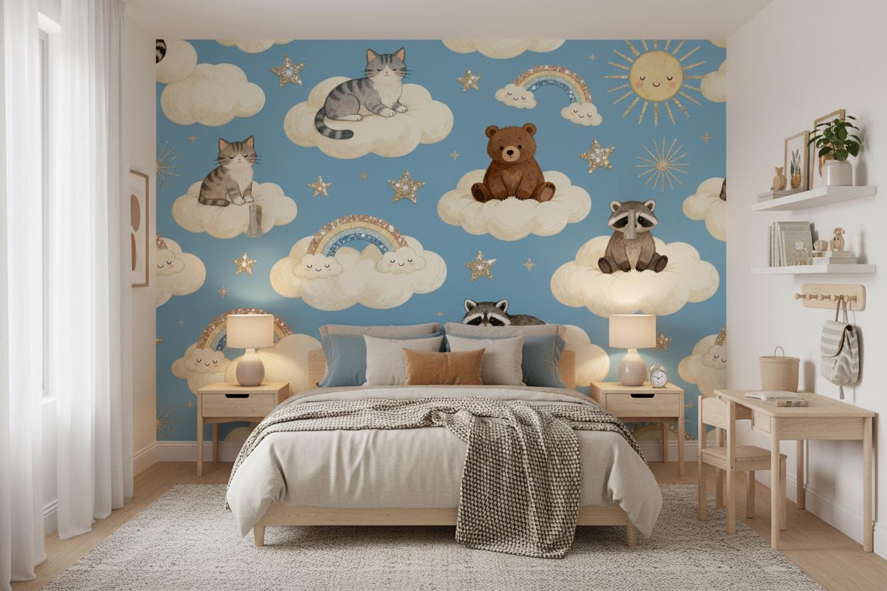 Blue Animals Clouds Stars Wallpaper – scale reference, Golden Era Walls