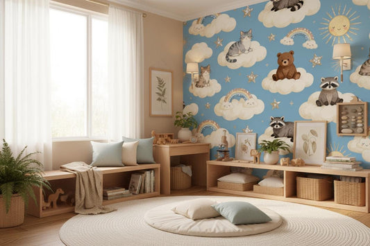 Blue Animals Clouds Stars Wallpaper – lifestyle view, Golden Era Walls