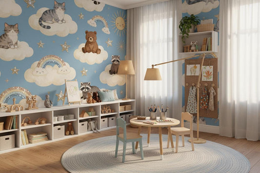 Blue Animals Clouds Stars Wallpaper – detail view, Golden Era Walls