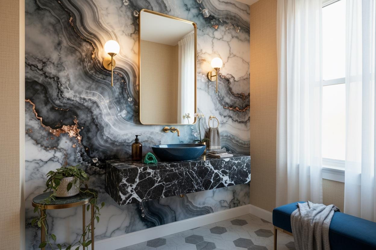 Opulent Blue Grey Marble Floral Wallpaper – lifestyle view, Golden Era Walls