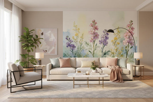 Pastel Watercolor Floral Botanical Floral Wallpaper – room setting, Golden Era Walls