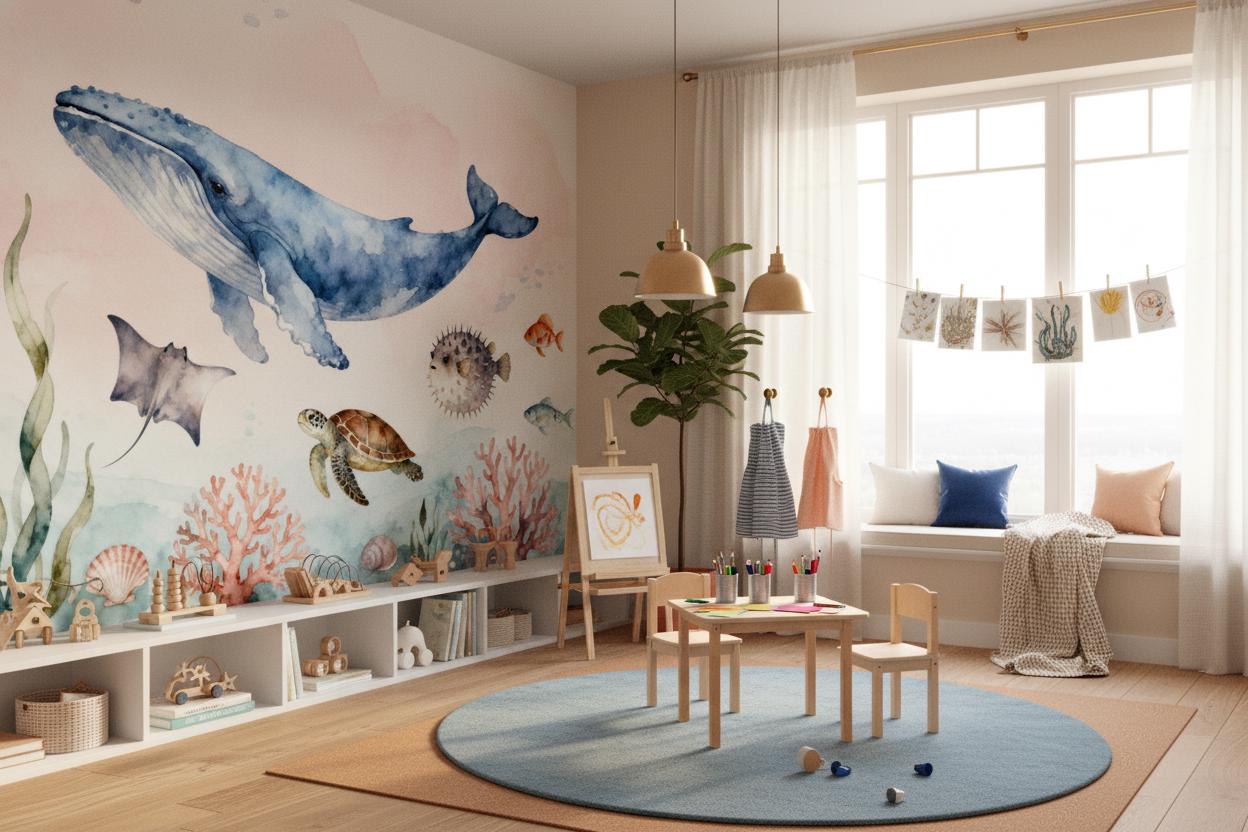 Pastel Ocean Animals Watercolor Coastal Wallpaper – alternate view, Golden Era Walls