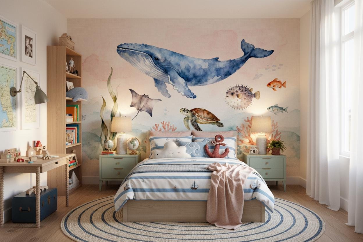 Pastel Ocean Animals Watercolor Coastal Wallpaper – room setting, Golden Era Walls