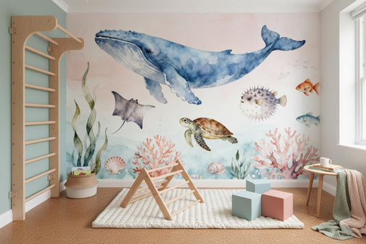 Pastel Ocean Animals Watercolor Coastal Wallpaper – peel and stick wallpaper mural, Golden Era Walls