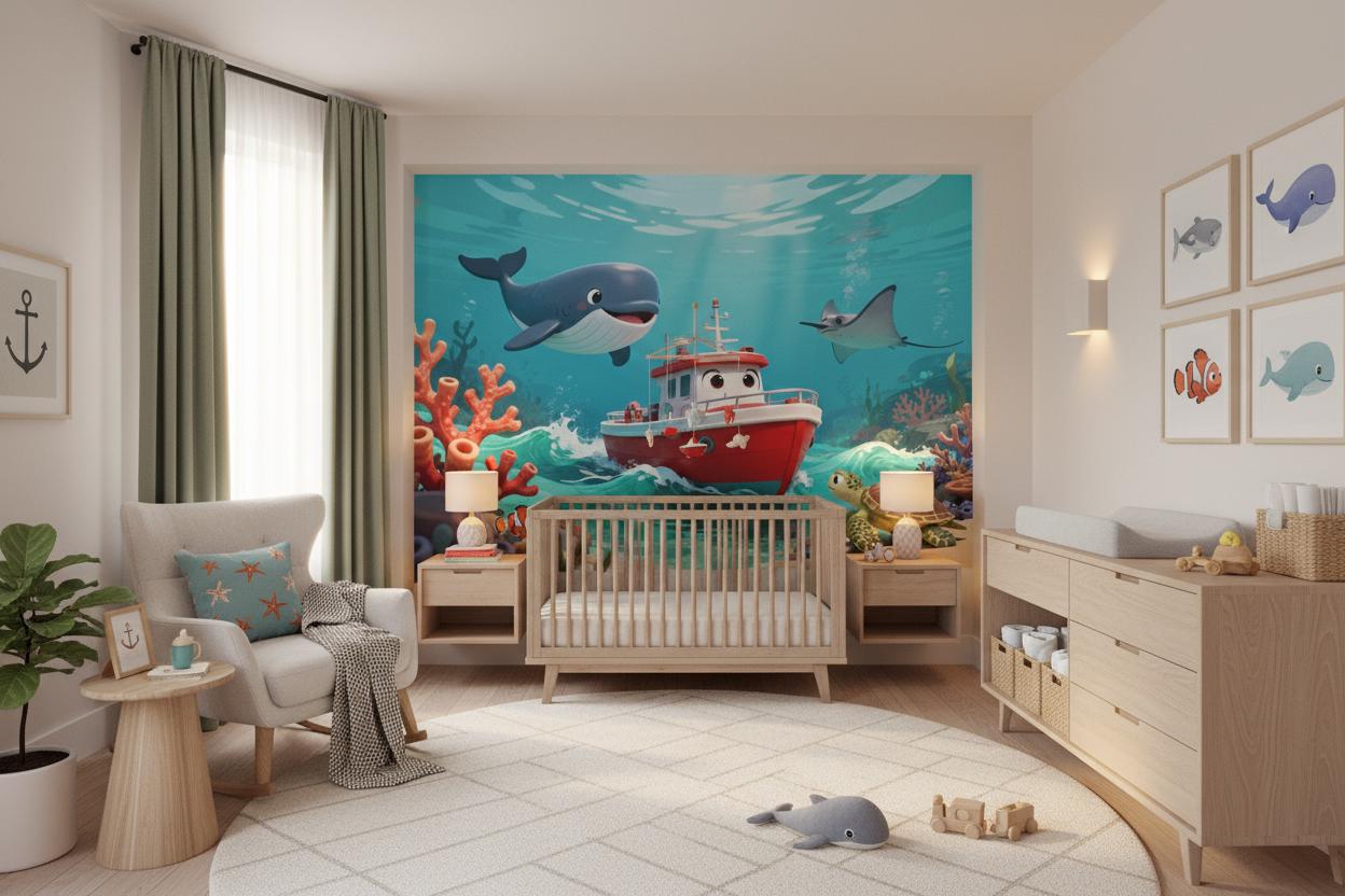 Whimsical Ocean Adventure Blue Coastal Wallpaper – alternate view, Golden Era Walls