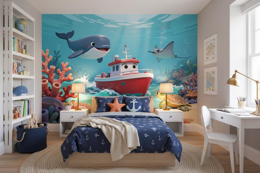 Whimsical Ocean Adventure Blue Coastal Wallpaper – detail view, Golden Era Walls