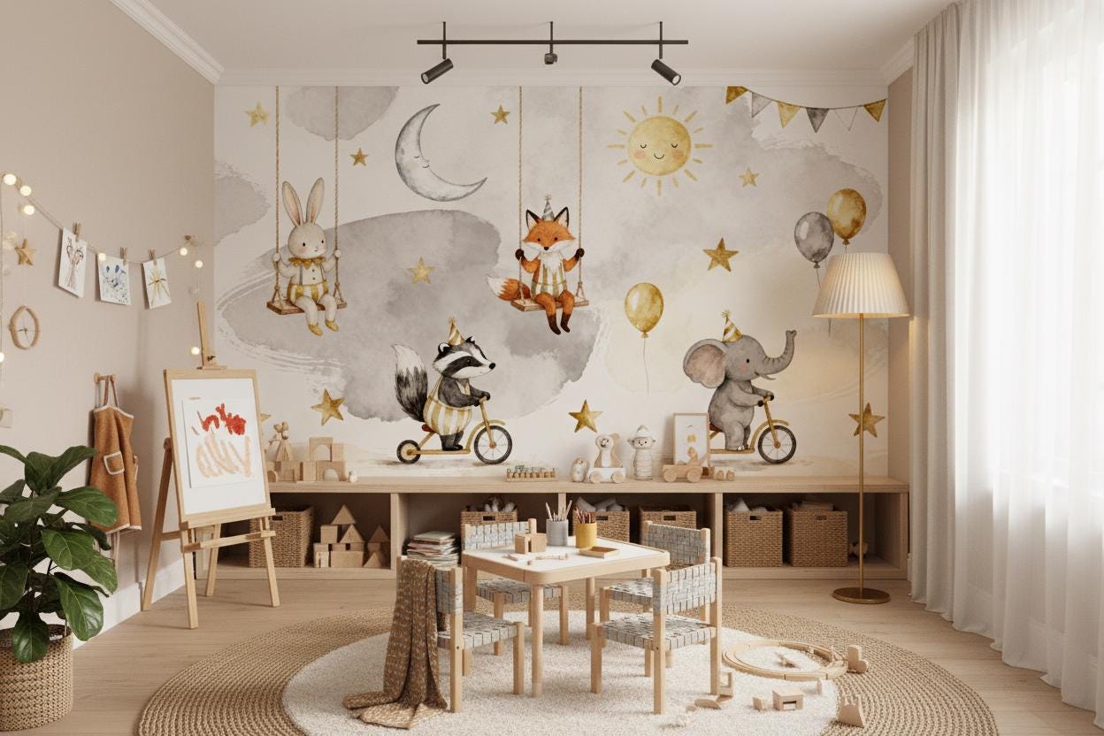 Woodland Animal Gold Grey Wallpaper – lifestyle view, Golden Era Walls