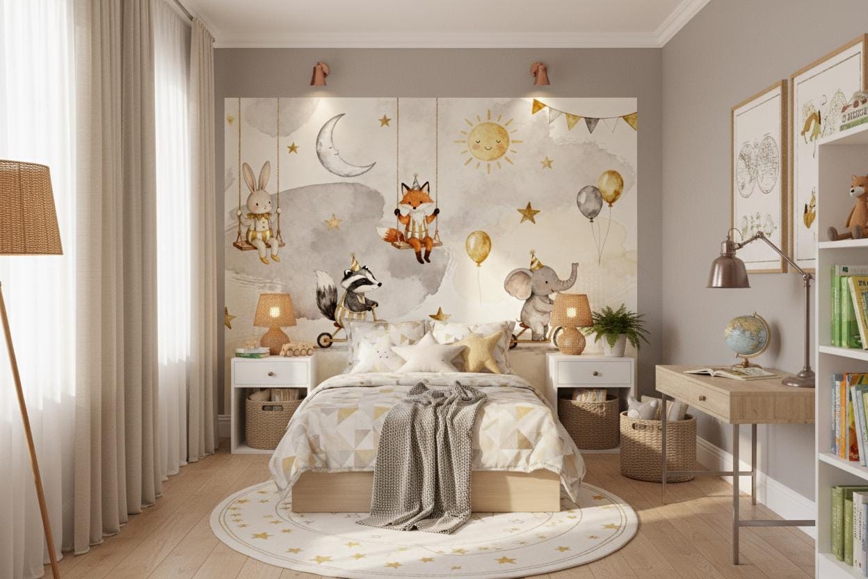 Woodland Animal Gold Grey Wallpaper – scale reference, Golden Era Walls