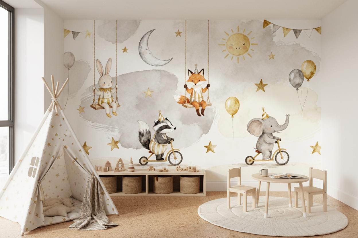 Woodland Animal Gold Grey Wallpaper – room setting, Golden Era Walls