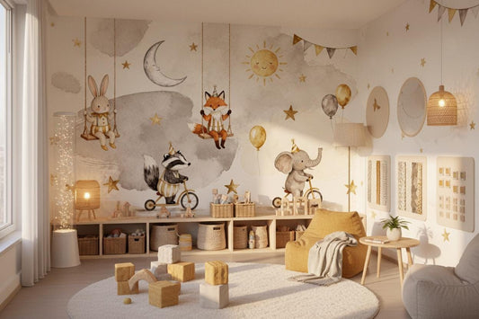 Woodland Animal Gold Grey Wallpaper – peel and stick wallpaper mural, Golden Era Walls