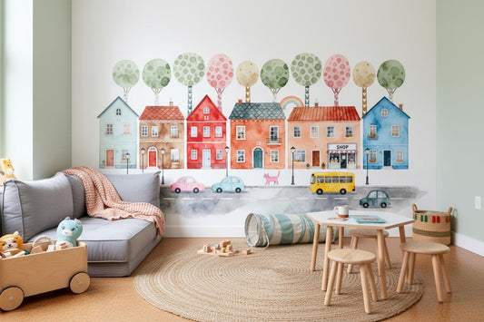 Watercolor Town Pastel City Wallpaper – lifestyle view, Golden Era Walls