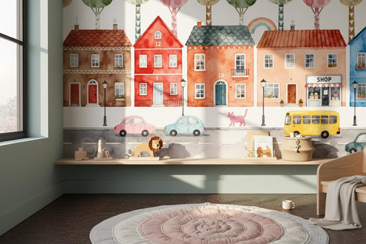 Watercolor Town Pastel City Wallpaper – room setting, Golden Era Walls