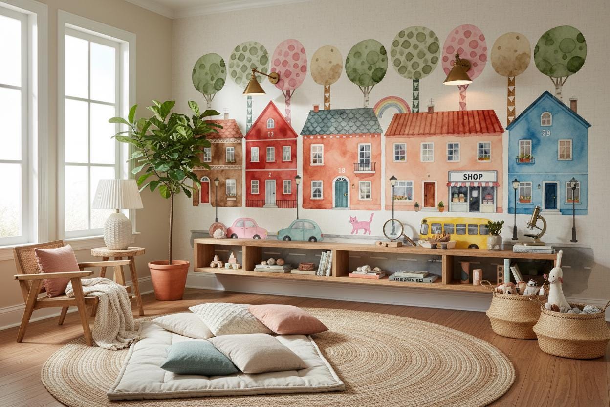 Watercolor Town Pastel City Wallpaper – alternate view, Golden Era Walls