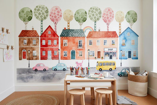 Watercolor Town Pastel City Wallpaper – peel and stick wallpaper mural, Golden Era Walls
