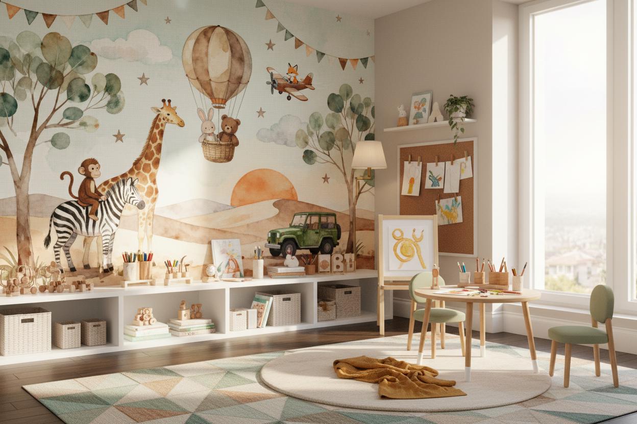 Safari Animals Watercolor Hot Tropical Wallpaper – alternate view, Golden Era Walls