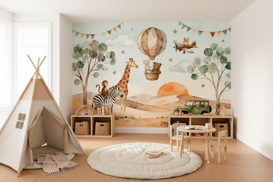 Safari Animals Watercolor Hot Tropical Wallpaper – detail view, Golden Era Walls