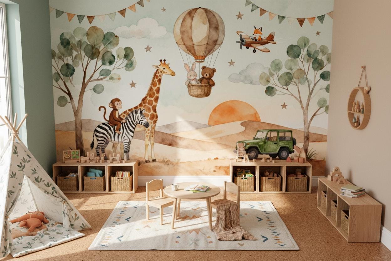 Safari Animals Watercolor Hot Tropical Wallpaper – lifestyle view, Golden Era Walls
