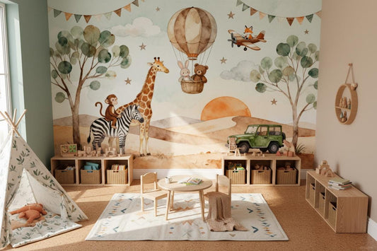 Safari Animals Watercolor Hot Tropical Wallpaper – lifestyle view, Golden Era Walls