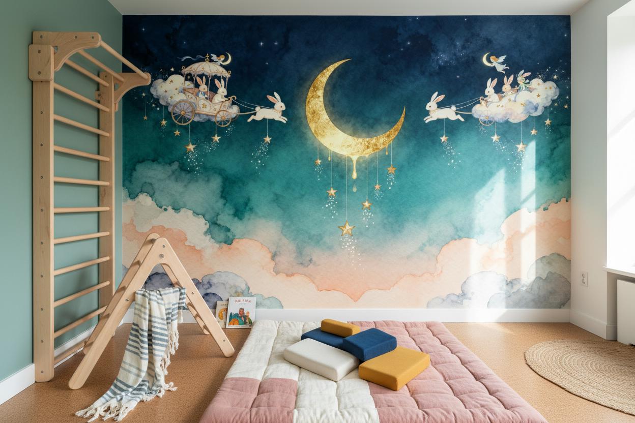 Moon Stars Rabbit Blue Wallpaper – alternate view, Golden Era Walls