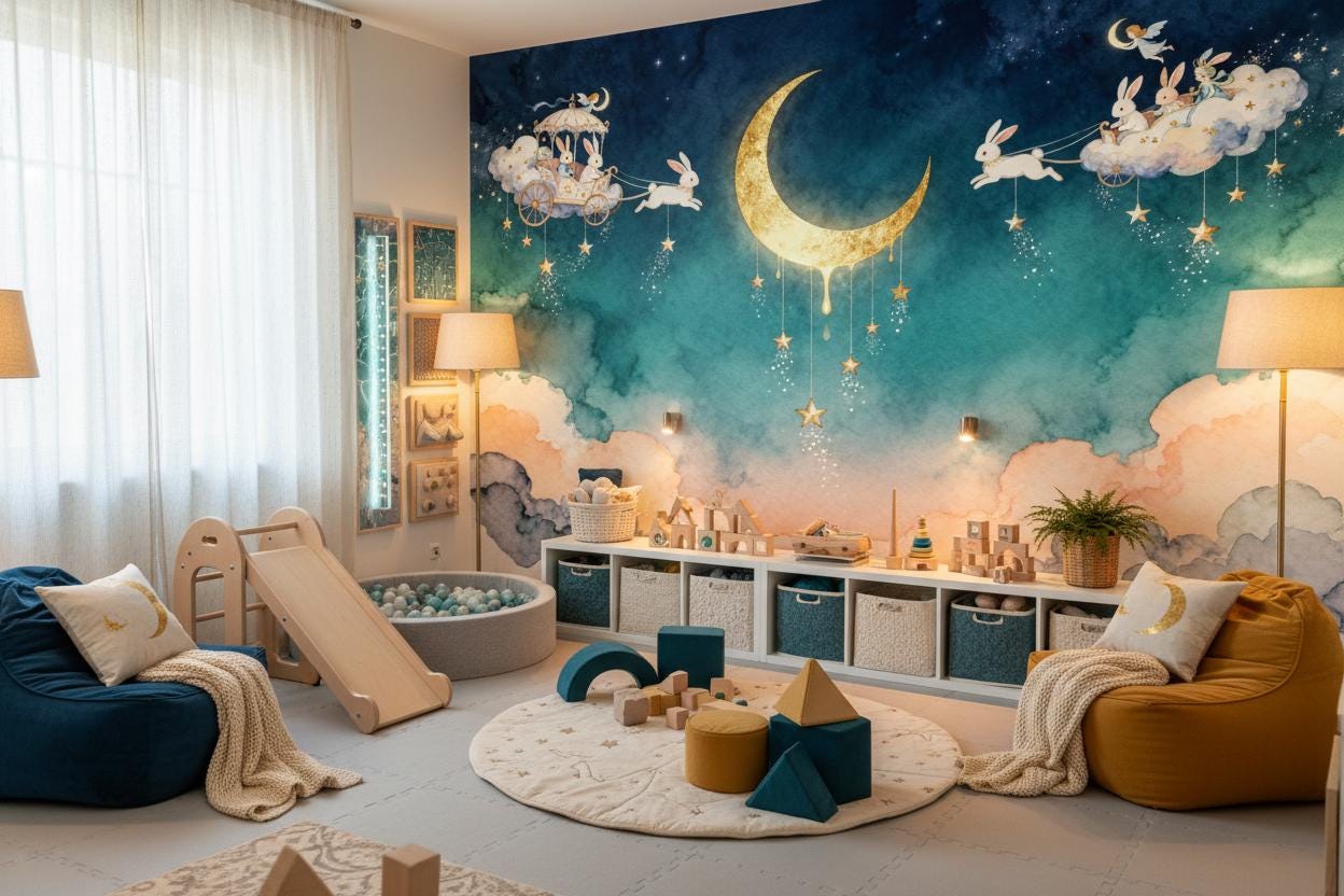 Moon Stars Rabbit Blue Wallpaper – scale reference, Golden Era Walls