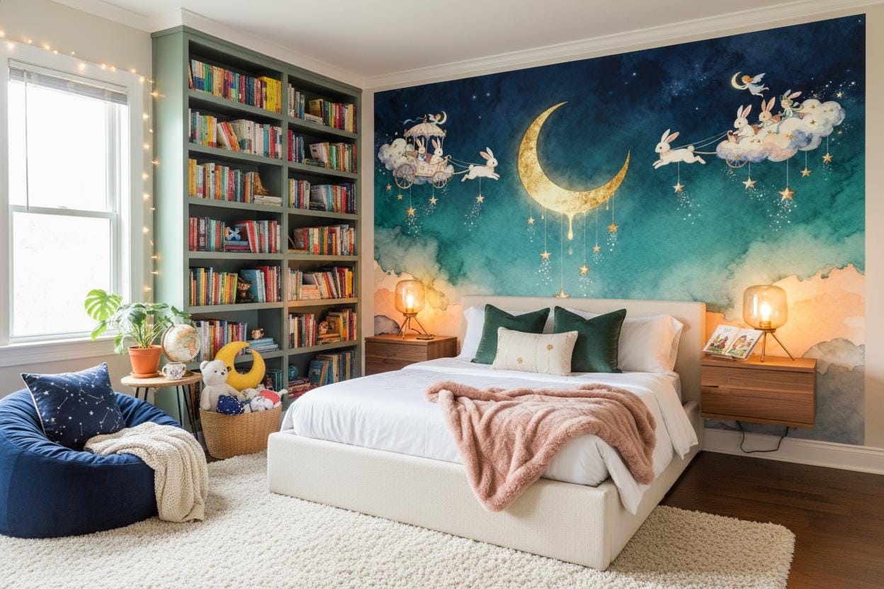 Moon Stars Rabbit Blue Wallpaper – lifestyle view, Golden Era Walls