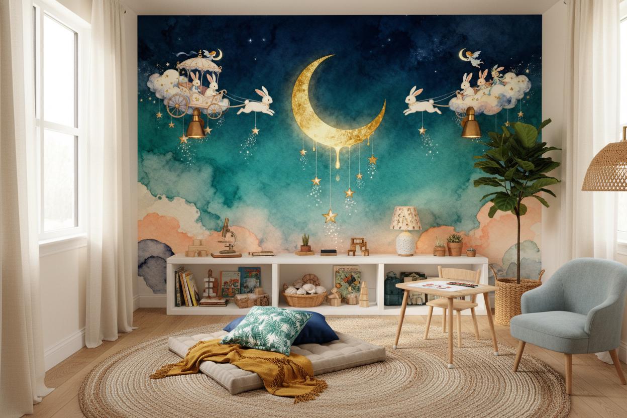 Moon Stars Rabbit Blue Wallpaper – detail view, Golden Era Walls