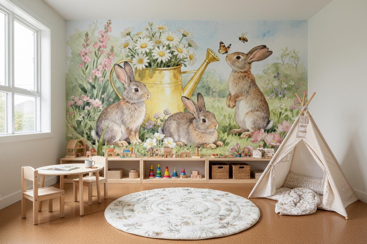 Bunny Watercolor Garden Non Floral Wallpaper – peel and stick wallpaper mural, Golden Era Walls