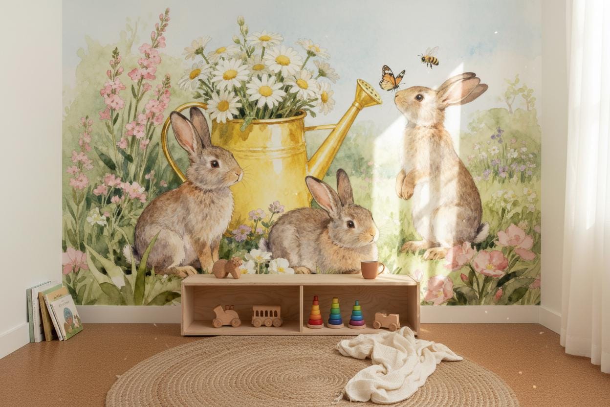 Bunny Watercolor Garden Non Floral Wallpaper – lifestyle view, Golden Era Walls