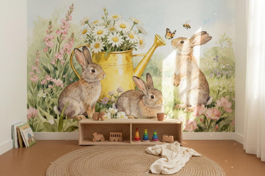 Bunny Watercolor Garden Non Floral Wallpaper – lifestyle view, Golden Era Walls