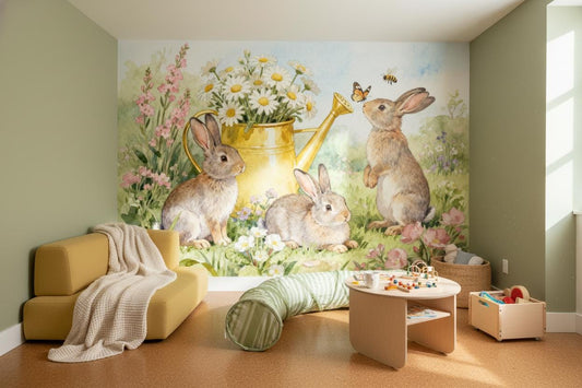 Bunny Watercolor Garden Non Floral Wallpaper – detail view, Golden Era Walls