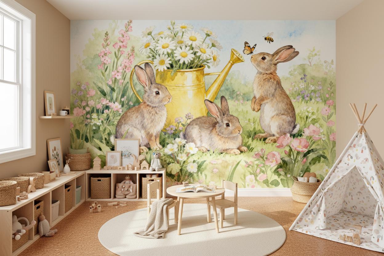 Bunny Watercolor Garden Non Floral Wallpaper – room setting, Golden Era Walls