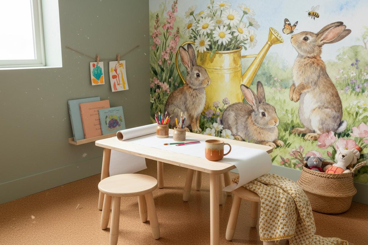 Bunny Watercolor Garden Non Floral Wallpaper – scale reference, Golden Era Walls
