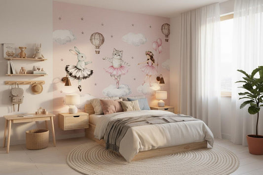 Ballerina Pink Watercolor Bunny Wallpaper – room setting, Golden Era Walls