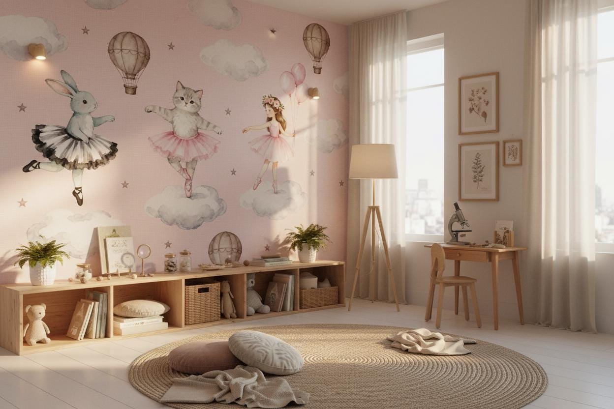 Ballerina Pink Watercolor Bunny Wallpaper – alternate view, Golden Era Walls
