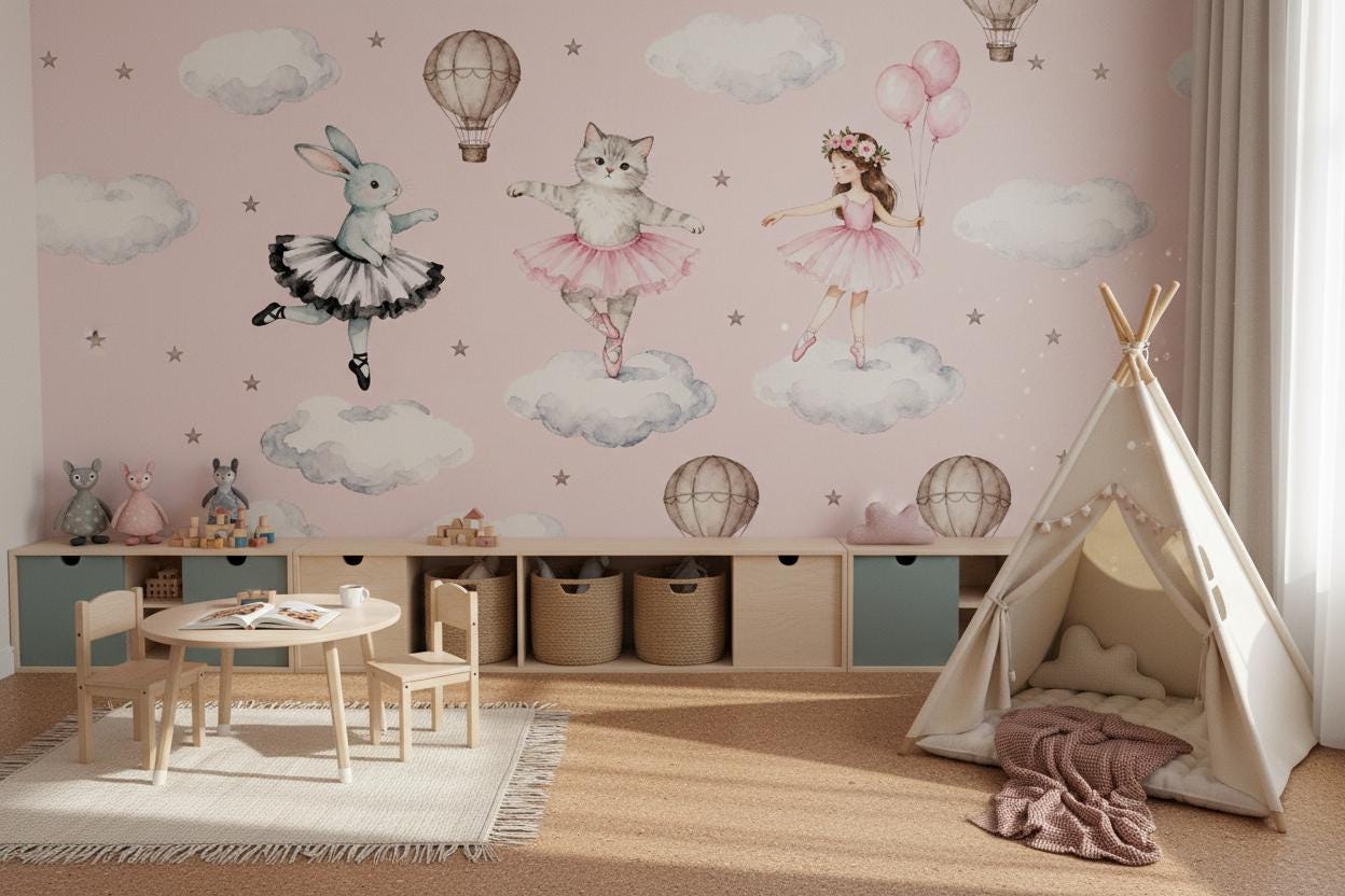 Ballerina Pink Watercolor Bunny Wallpaper – lifestyle view, Golden Era Walls