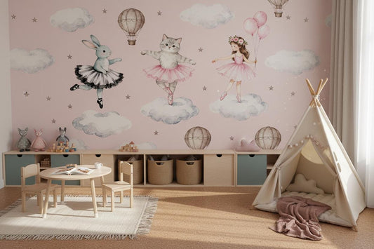 Ballerina Pink Watercolor Bunny Wallpaper – lifestyle view, Golden Era Walls