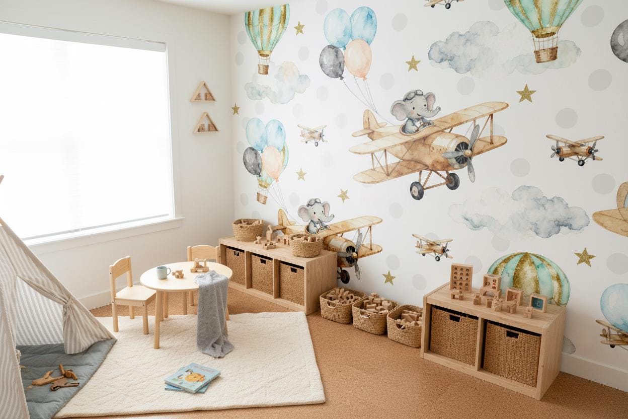 Airplane Blue Gold Hot Wallpaper – scale reference, Golden Era Walls