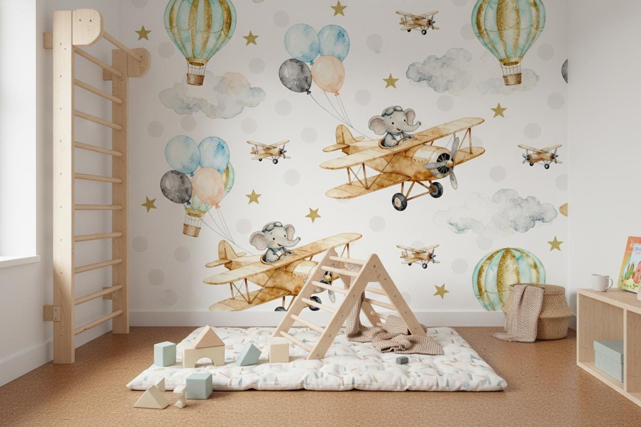 Airplane Blue Gold Hot Wallpaper – room setting, Golden Era Walls