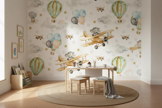 Airplane Blue Gold Hot Wallpaper – detail view, Golden Era Walls