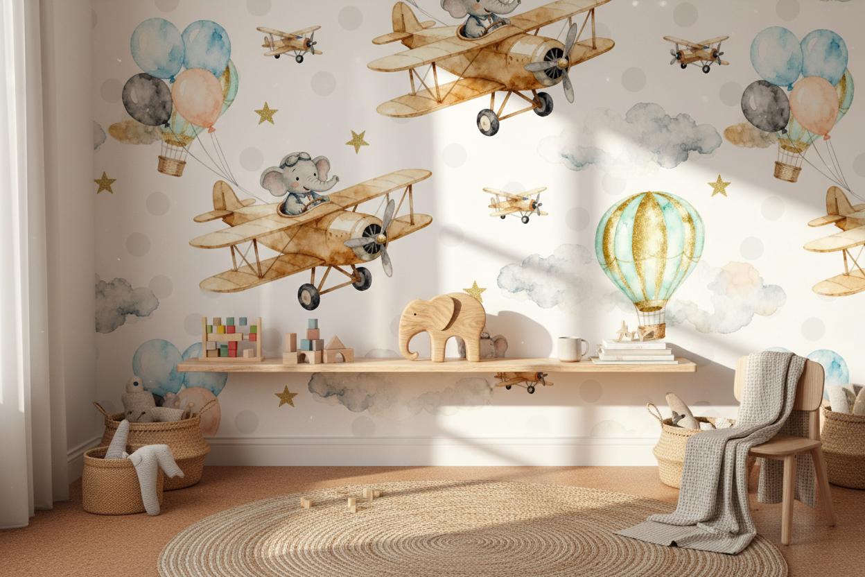 Airplane Blue Gold Hot Wallpaper – peel and stick wallpaper mural, Golden Era Walls