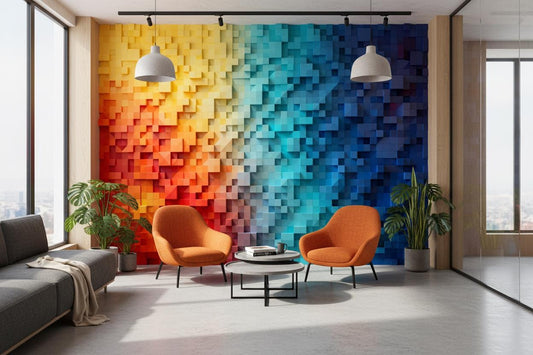 Multicolor Geometric 3D Blocks Geometric Wallpaper – peel and stick wallpaper mural, Golden Era Walls