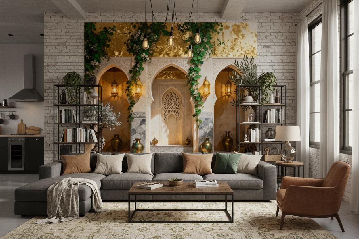 Moroccan Arch Gold Cream Floral Wallpaper – room setting, Golden Era Walls