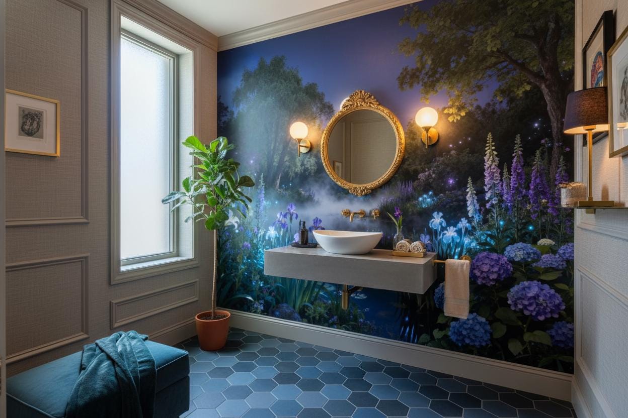 Moonlit Floral Blue Enchanted Floral Wallpaper – peel and stick wallpaper mural, Golden Era Walls