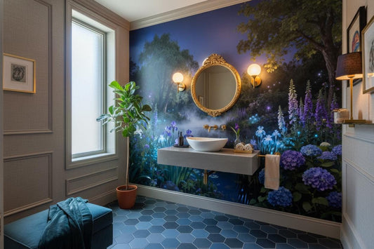 Moonlit Floral Blue Enchanted Floral Wallpaper – peel and stick wallpaper mural, Golden Era Walls