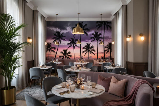 Moody Tropical Palm Tree Tropical Wallpaper – room setting, Golden Era Walls