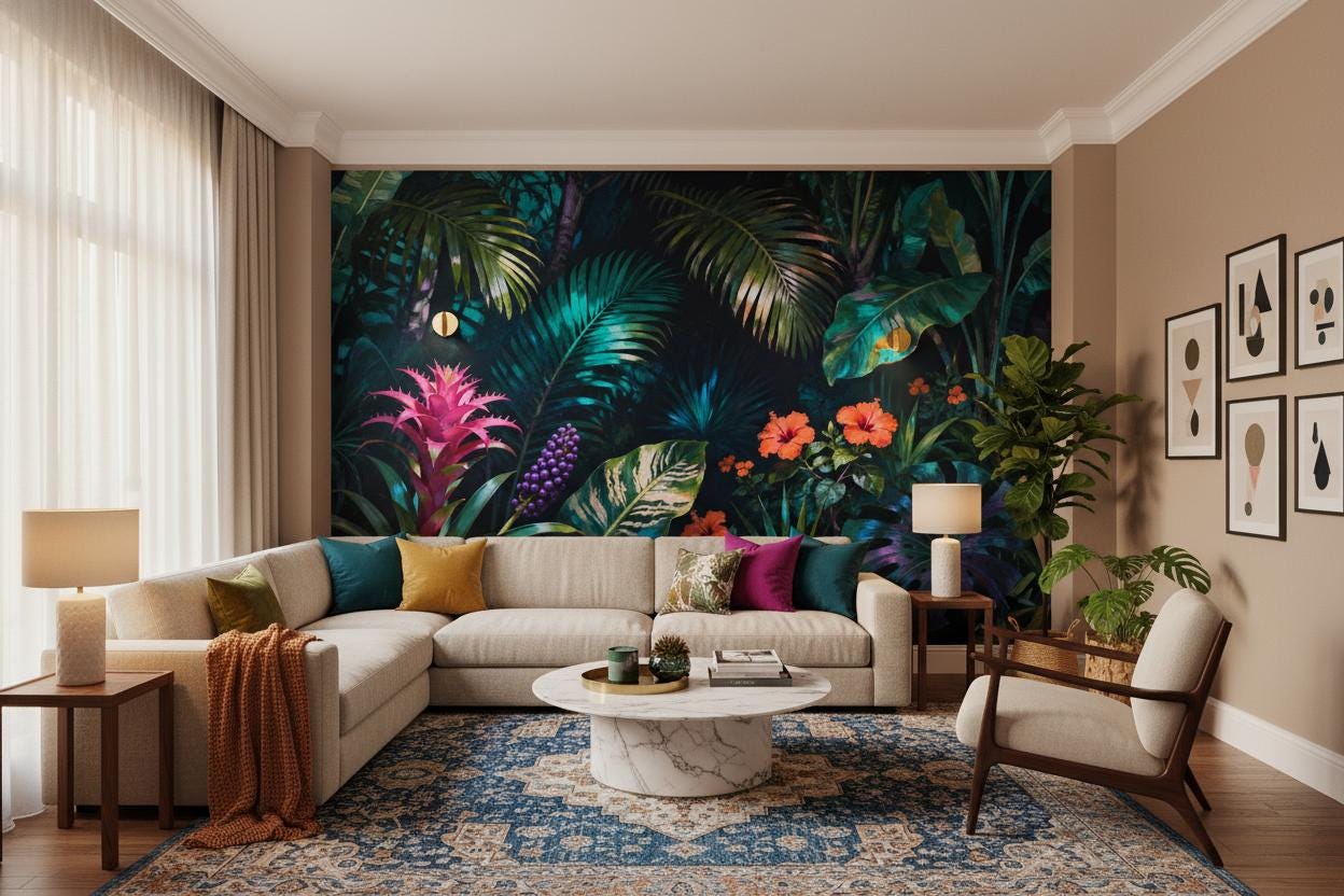 Moody Maximalist Tropical Dark Floral Wallpaper – room setting, Golden Era Walls