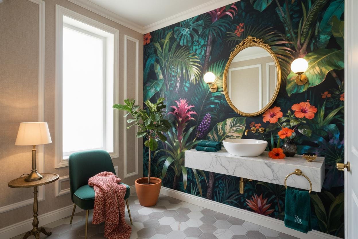 Moody Maximalist Tropical Dark Floral Wallpaper – scale reference, Golden Era Walls