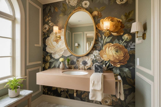 Moody Floral Dark Botanical Floral Wallpaper – lifestyle view, Golden Era Walls